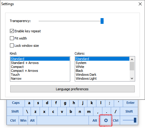 Free Virtual Keyboard settings dialog with size, color and transparency options